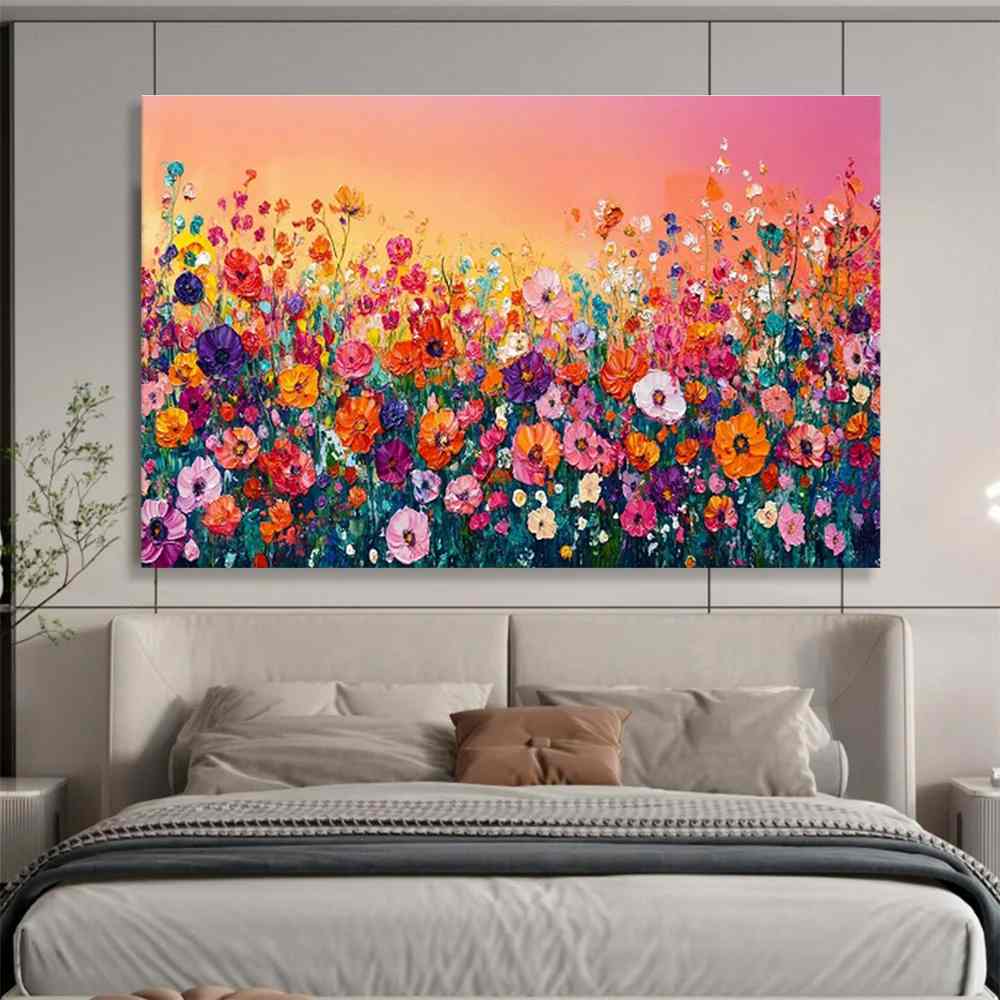 Sunset Field Flowers - hand-painted custom canvas art